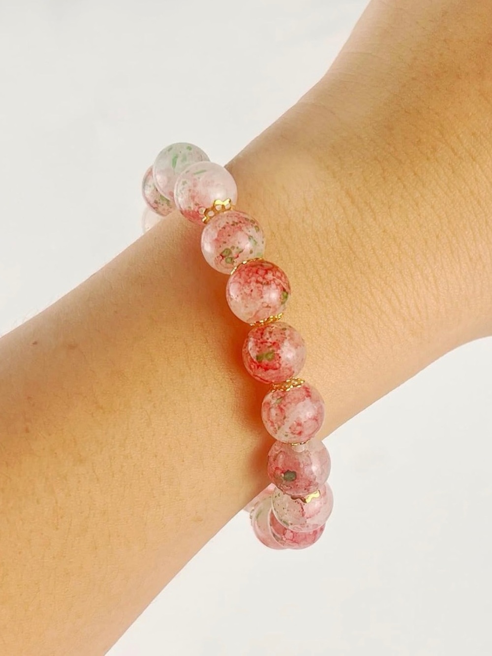 Handmade Pink Floral Glass Bead Stretch Bracelet